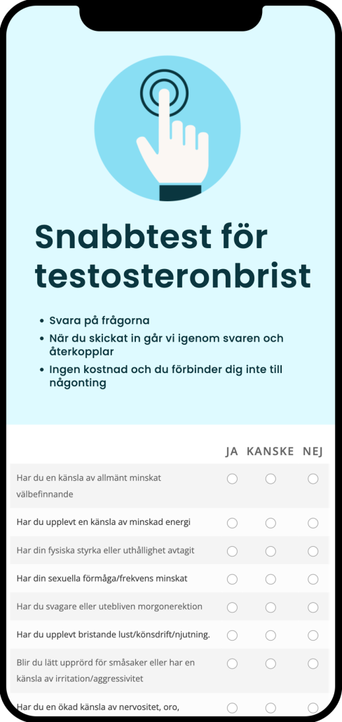 Bild som visar en hand som fyller i ett snabbtest för testosteronbrist.